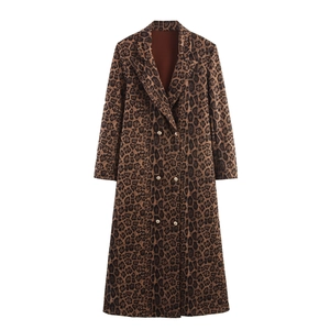 Women Leopard Print Suede Double Breasted Trench Coat Long Lapel Autumn Winter Outerwear Fashion