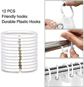 Set of 12 durable white plastic C-shaped shower curtain hooks for easy installation