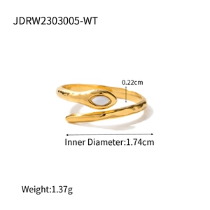 Macro detail of snake ring with 18K gold plating, marquise stone, and size dimensions