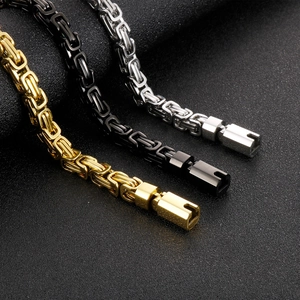 Byzantine chain bracelets in gold, black and silver finishes with robust snap clasps