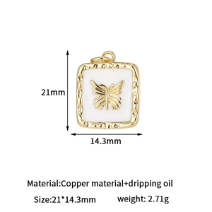 Detail of a gold butterfly square pendant with size and material specifications