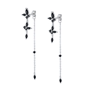 Detail of silver drop earrings featuring black marquise gems and elegant long tassels