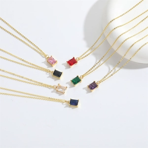 Minimalist gold necklaces with colorful rectangular zircon pendants in seven vibrant colors