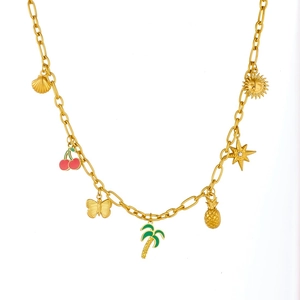 Gold chain necklace with colorful enamel summer pendants like cherry and butterfly