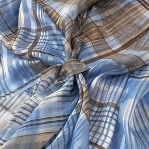 Fashionable blue and brown plaid chiffon shirt with subtle golden metallic thread weave