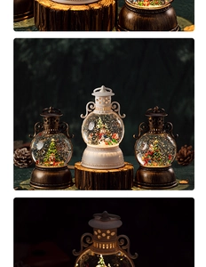 Retro Christmas lantern scene with warm LED light, spinning snow, and festive figurines