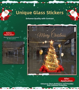 Detail showing festive golden Christmas tree stickers with Merry Christmas window decal