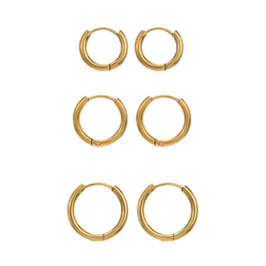 Three pairs of golden stainless steel hoop earrings in small, medium, and large sizes