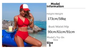 Red two-piece bikini featuring halter cross-knot top and side-cutout high-waist bottoms