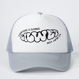 Gray and white trucker hat with everyone is going to hurt you embroidery and mesh back