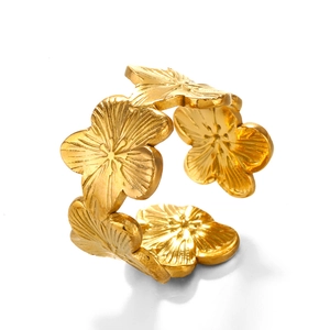Adjustable gold flower open ring with detailed five-petal floral texture for women
