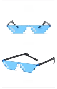 Blue lens pixel sunglasses shown in front and side view for meme prop style
