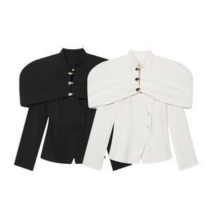 Women Slim Fit Blazer Jacket Cape Shoulder Gold Buttons Asymmetrical Luxury Solid Color Long Sleeve Office Lady