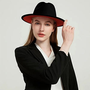 Classic two-tone fedora hat in black and red with a wide brim and wool felt texture