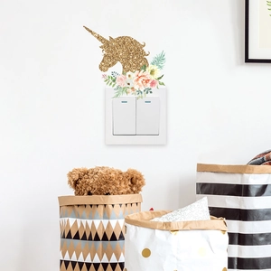Golden glitter unicorn wall sticker with watercolor flowers for kids bedroom light switches