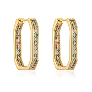 Chic 18k gold plated geometric hoop earrings with colorful pavé cubic zirconia