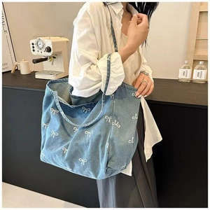 Blue denim tote bag with white bow prints, large capacity casual shoulder bag for women