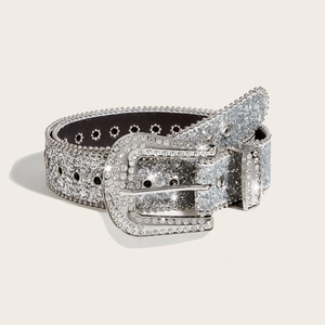 Elegant silver rhinestone leather belt with shiny alloy buckle for women jeans