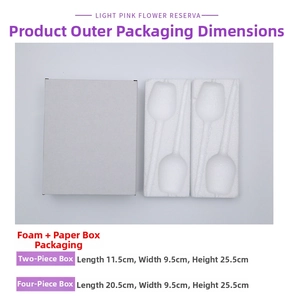 Size chart for mushroom self-watering globes showing packaging dimensions and foam inserts