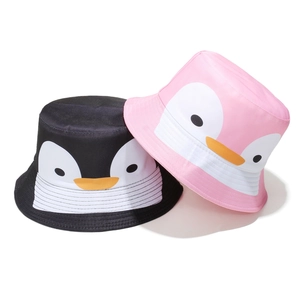 Cute Cartoon Penguin Bucket Hat Polyester Sun Protection Foldable Summer Fisherman Cap For Women Girls Sweet Style