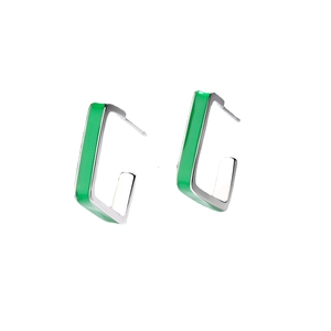 Minimalist green enamel square hoop earrings in a polished silver geometric design