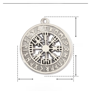 Detailed size parameters of silver stainless steel Viking compass pendant on white background