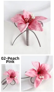Detail of peach pink velvet boutonniere with white pearls and silk wrapped stem