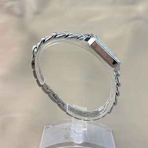Side view detail of silver bracelet watch with rectangular dial and chain link band