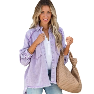 Purple oversized denim jacket with distressed fringe details and ripped casual style