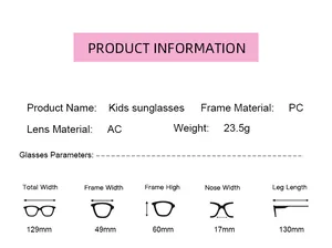 Size chart showing exact dimensions for flower-shaped kids colorful sunglasses