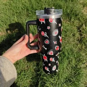 Black 40oz insulated travel tumbler with Love graffiti pattern and sturdy handle