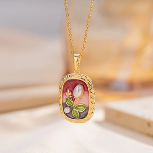 Französische Vintage Emaille-Blumenkette mit Kunstperlen an einer goldenen Edelstahlkette