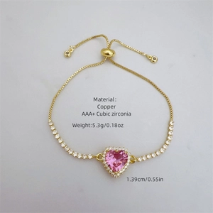 Classic 18K gold plated bracelet with pink heart zirconia and technical dimensions