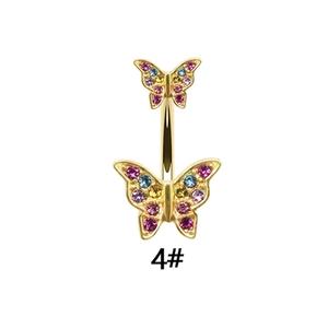 Golden butterfly belly button ring featuring colorful zircon stones and double butterfly design
