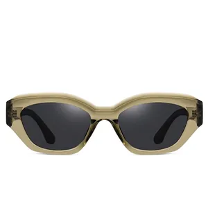 Translucent brown frame sunglasses with dark polarized lenses in a modern geometric design