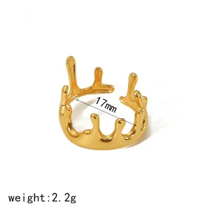 Lava style gold adjustable open ring with minimalist fluid liquid design and high polish