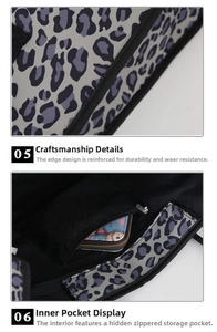 Detail of grey leopard print bag showing reinforced edges and internal zipper pocket