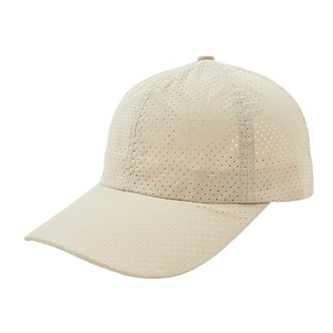 Close-up of beige breathable mesh baseball cap with perforated fabric for summer