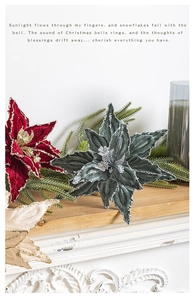 Velvet Christmas flowers in red and beige placed on a white mantel for festive decor