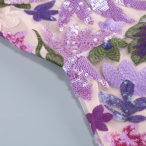 Detailed macro view of heavy embroidery and colorful sequins on sheer mesh fabric