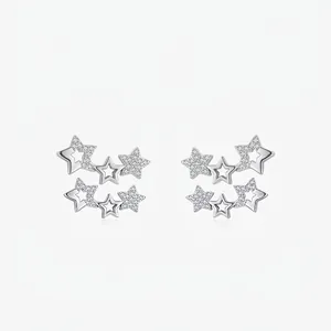 925 Sterling Silver Star Stud Earrings Triple Star Design Micro Pave Cubic Zirconia Elegant Chic Jewelry For Women