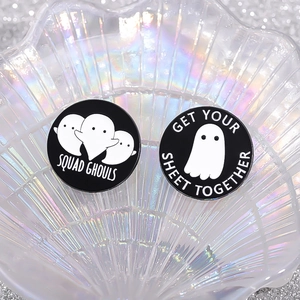 Halloween ghost metal pins featuring Squad Ghouls and Get Your Sheet Together text