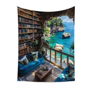Detail view of Bohemian tapestry featuring a study room scene with sea view and bookshelves