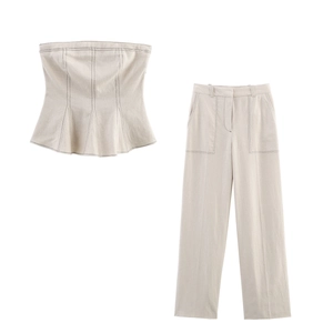 Haut Peplum Sans Bretelles À Surpiqûres Contrastées Pour Femmes Et Pantalon Large Tenues Décontractées Beige Top And Bottom