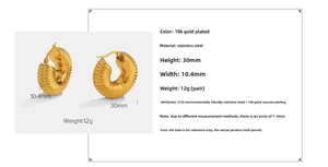 Detailed view of 30mm 18K gold plated stainless steel chunky hoop earrings with size specs