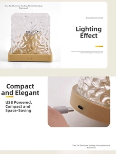 Detail view of USB charging port and wood grain base on rotating water ripple lamp