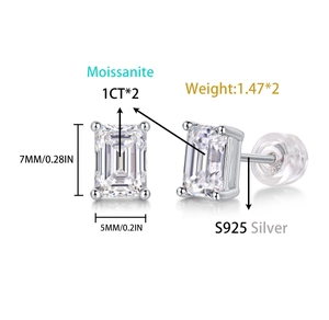 Macro shot of 1ct emerald cut moissanite earrings in S925 silver with dimension tags