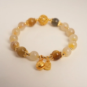 Citrine Crystal Beaded Bracelet With Gold Tone Fu Character And Tunjinshou Pendant Chinese Style Vintage Luxury For Women