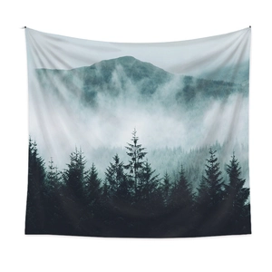 Dettaglio dell'arazzo nebbia forestale con pini verde scuro e scenario montano nordico
