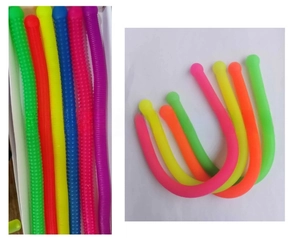 Macro detail of textured TPR sensory stretch string toy in vibrant multi-color set